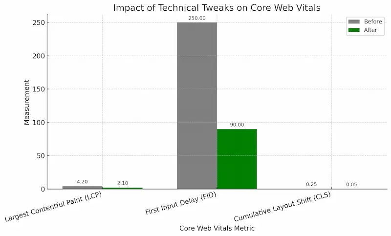 Technical SEO dashboard showing Core Web Vitals scores, page speed metrics, mobile optimization status, and schema markup implementation for optimal search performance